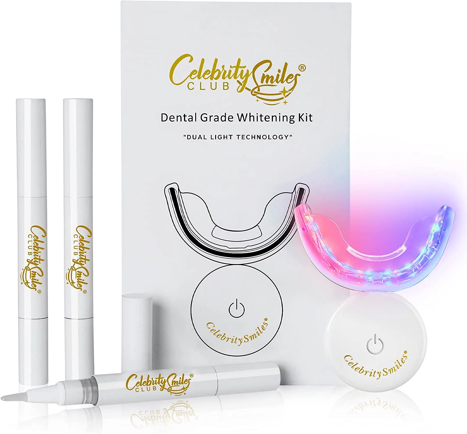 Celebrity Smiles® Teeth Whitening Kit with 32 Blue/Red LED Lights - 3 Pack Teeth Whitening Gel Pens - BPA Free Wireless Mouthpiece - No Sensitivity, Pain Free and Enamel Safe Formula