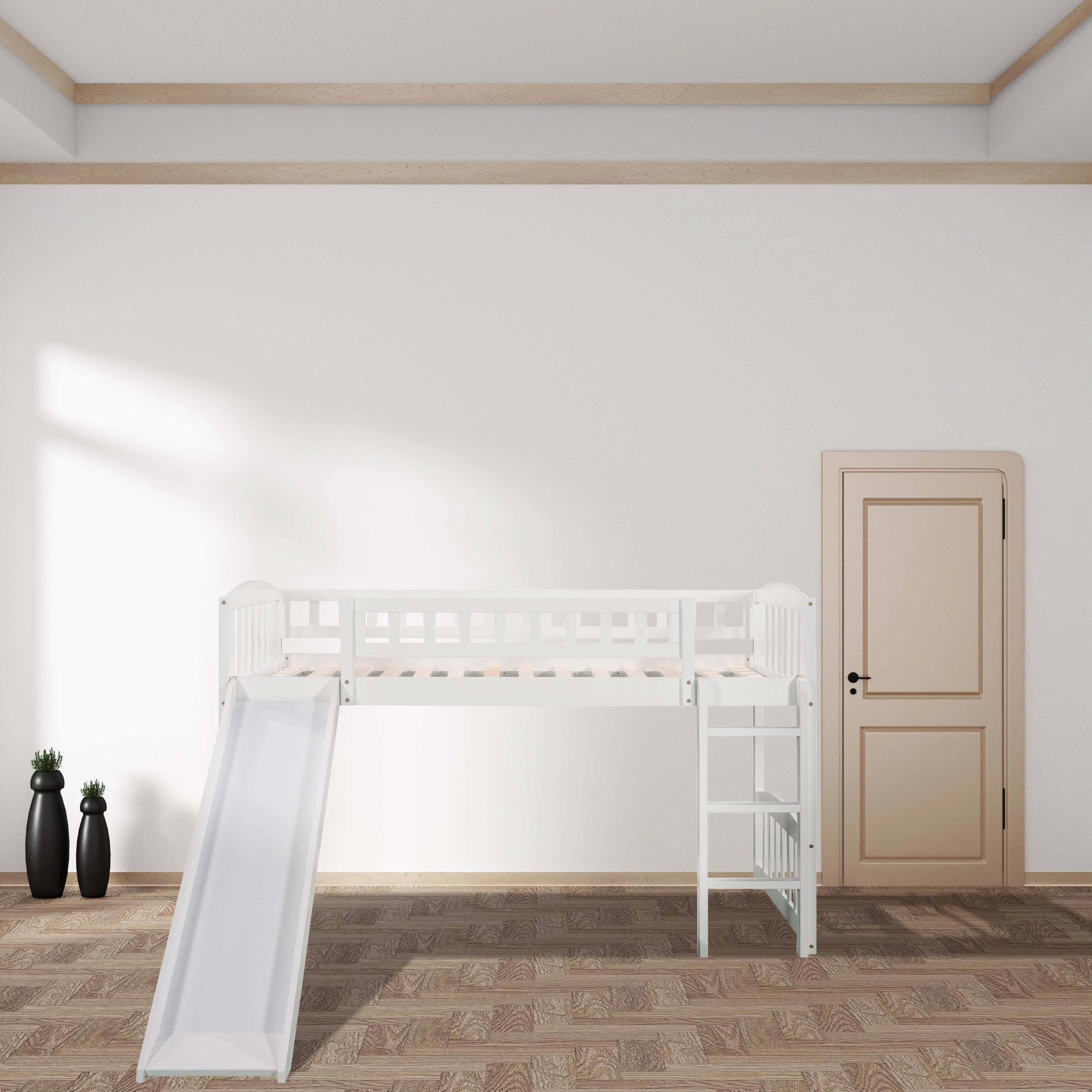 Double loft bed with slide and ladder, white works well with a variety of decor styles, allowing you to easily elevate and enhance your space