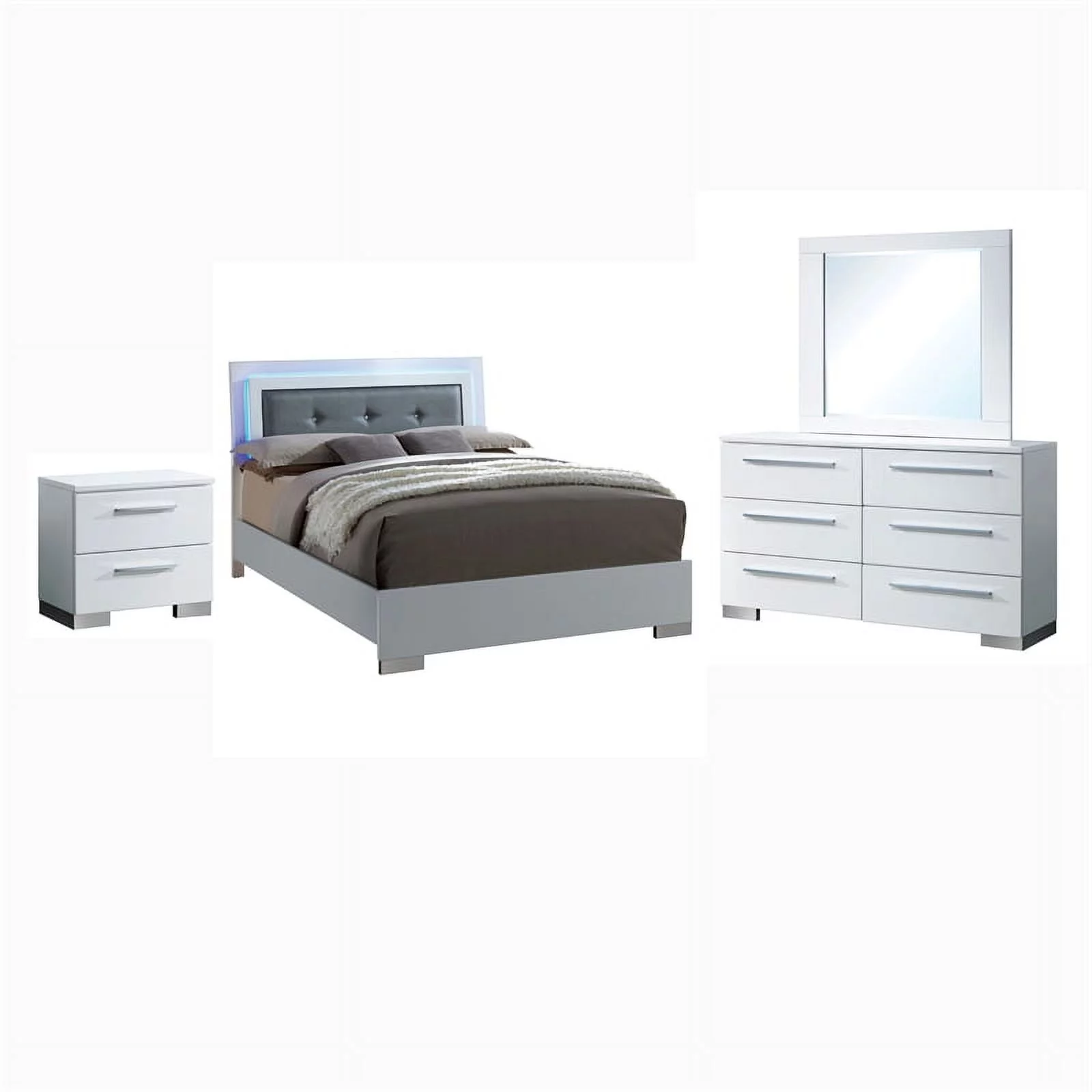 FOA Rayland 4pc Glossy White Wood Bedroom Set - King+Nightstand+Dresser+Mirror