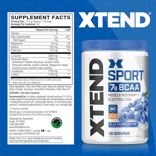 XTEND Sport BCAA Powder Blue Raspberry Ice - Electrolyte Powder for Recovery & Hydration with Amino Acids - 30 Servings