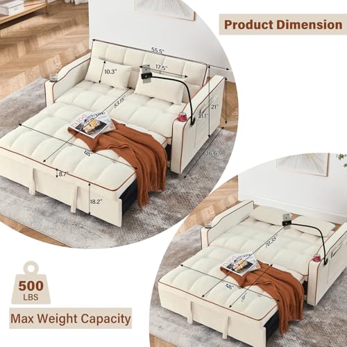 WIIS' IDEA Convertible Sofa Bed,3 in 1 Velvet Sleeper Sofa Pull-Out Bed,55'' Loveseat Sleeper Sofa Bed with Adjustable Backrest with 2 Pillows and Storage Bag & USB Port and Swivel Phone Stand,Gray