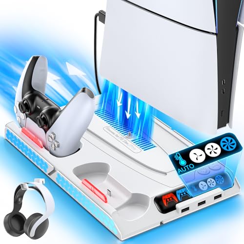 KDD PS5/Slim/Pro Cooling Station with Dual Charger Station for All PlayStation 5 Disc & Digital, PS5 Stand Base with Auto Cooling Fan by Temp Control & 9 LED Lights,PS5 Accessories Docking Station
