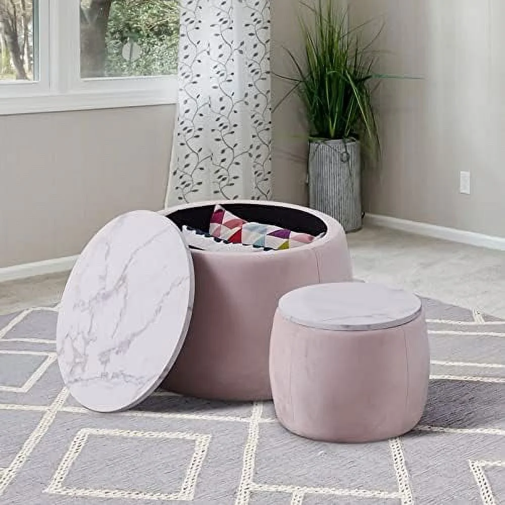 Round  Ottoman Coffee Table Set of 2 with Wooden Lid  Footstool  Side Table End Table for Living Room  Faux Marble Texture Top (Black)