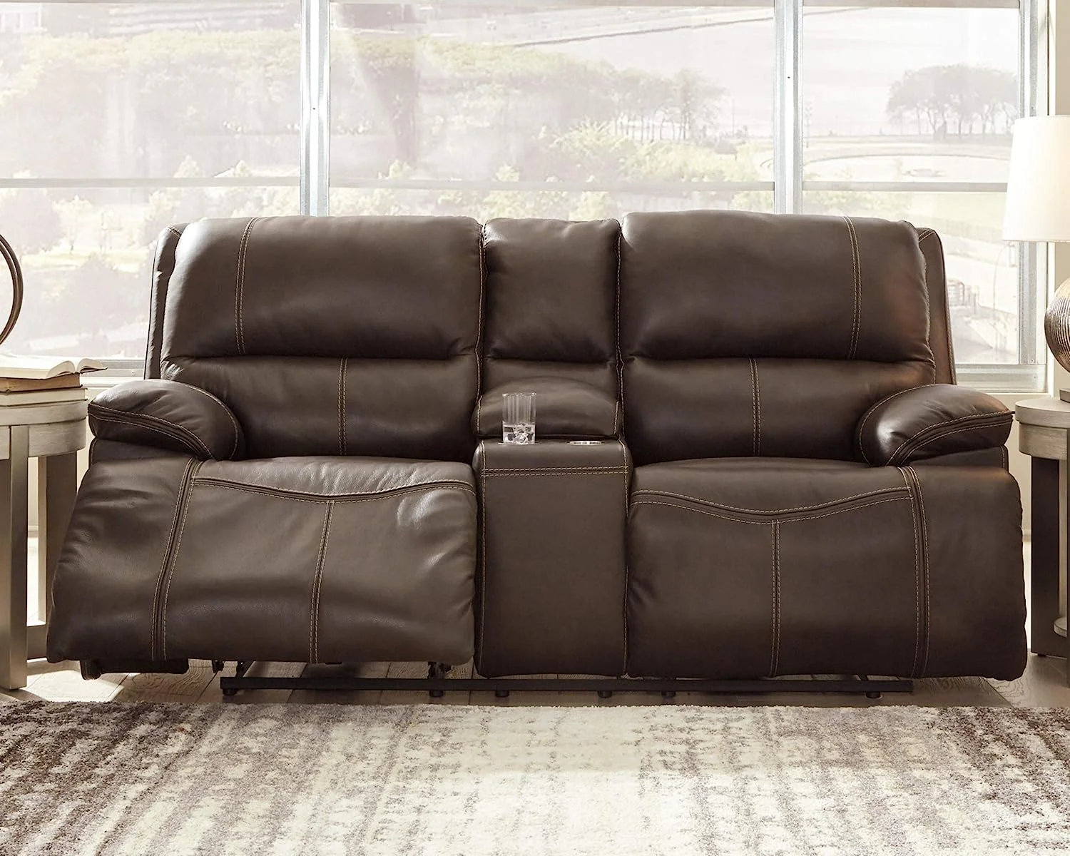 Ashley Furniture Ricmen Leather Power Reclining Loveseat in Walnut
