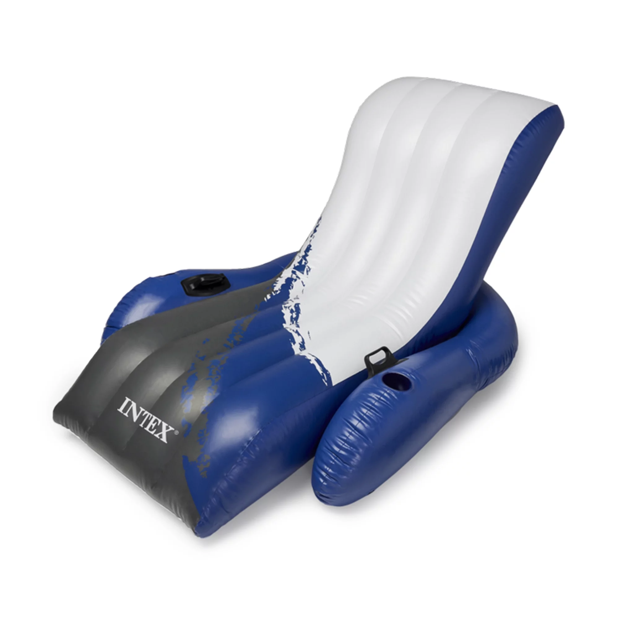 Inflatable Floating Lounge Pool Recliner Chair W/ Cup Holders, Blue/Black/White, Adult