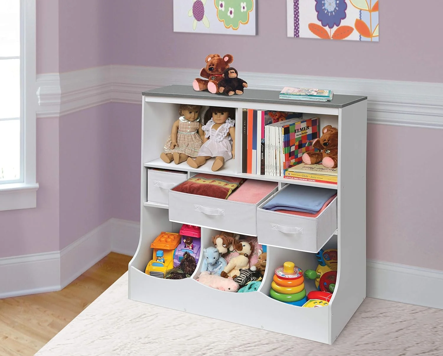 YINCHEN Combo Bin Toy Storage Unit and Book Shelf for Kids with 3 Baskets - White/Gray