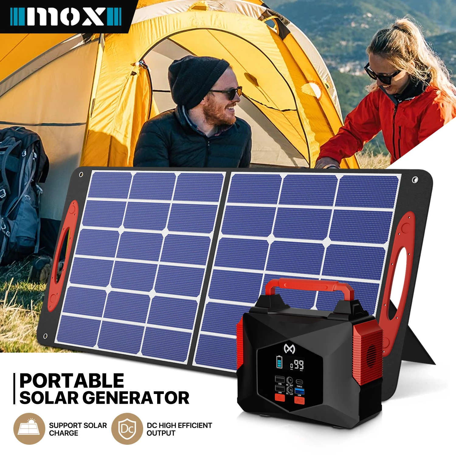MOX Portable Power Station and Foldable Portable Solar Set of 2, Camping Solar Generator with LED Light & USB Charger