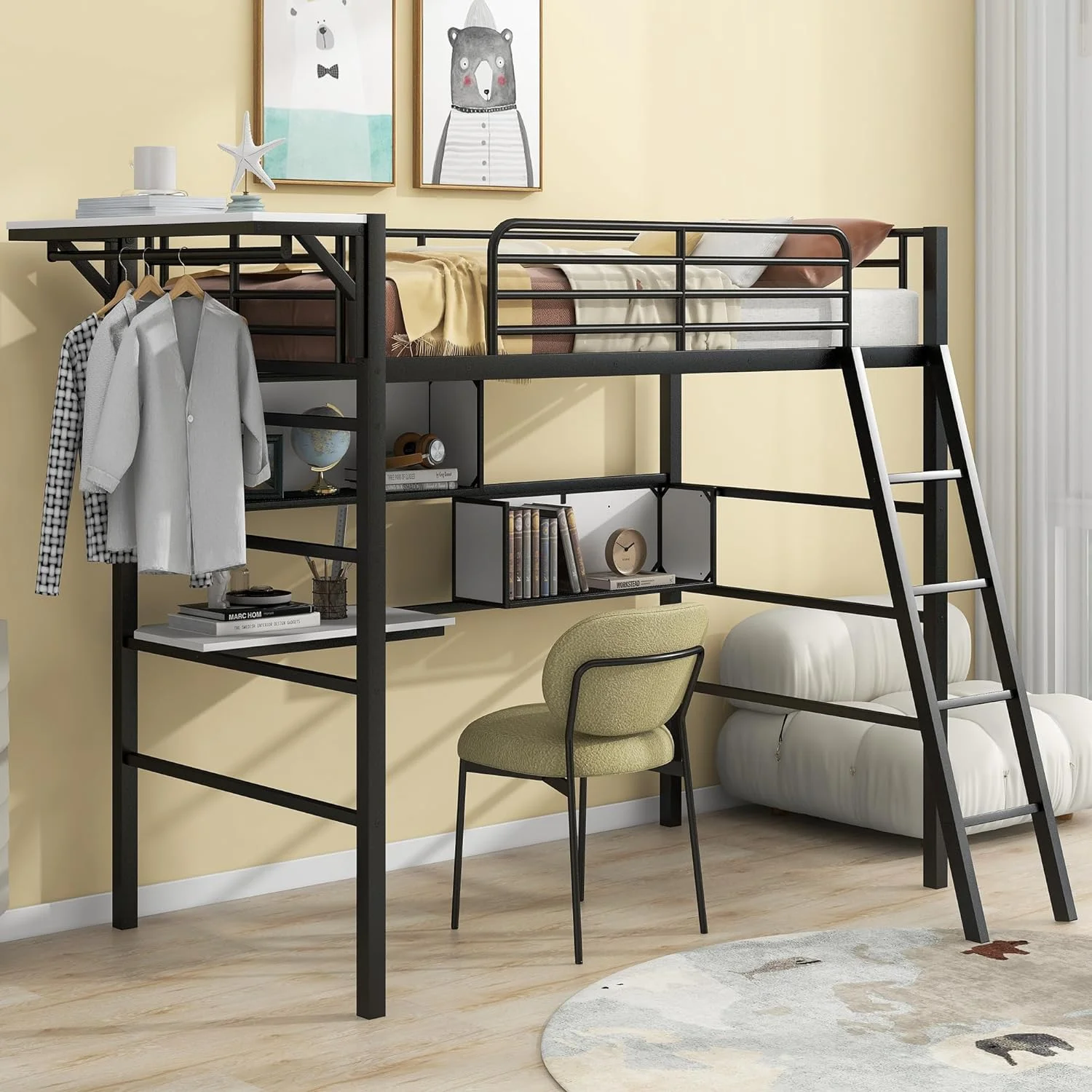 Size Lof Bed Wih Desk Ad Hagig Rode, Meal Lof Bed Frame Wih Sorage Shelves, Heavy-Duy Black Lof Beds For Kids Boys Girls ees Dorm Bedroom
