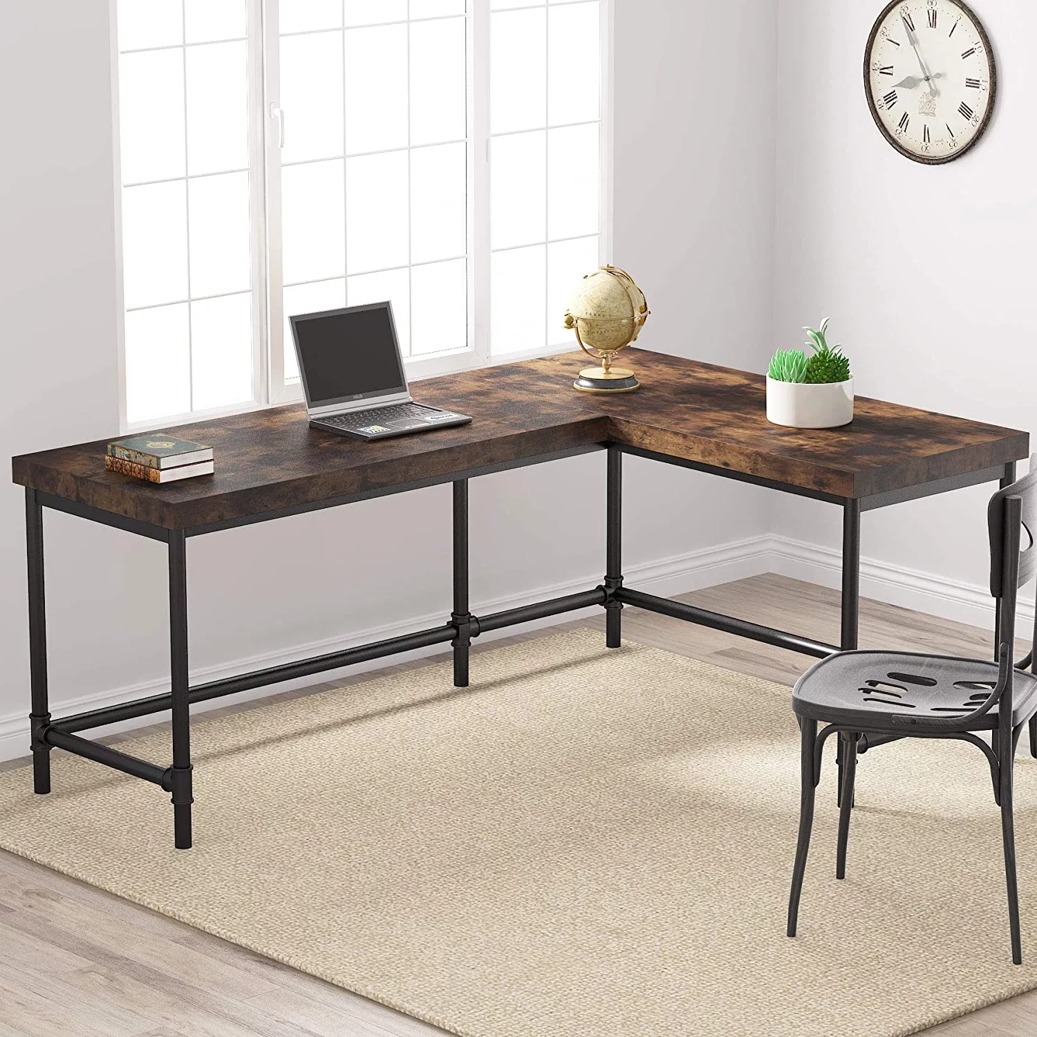 Tribesigns L-Shaped Desk, 67 inch Industrial Reversible Corner Computer Office Desk PC Laptop Study Table Workstation with Metal Pipe Legs for Home Office(Rustic Brown)