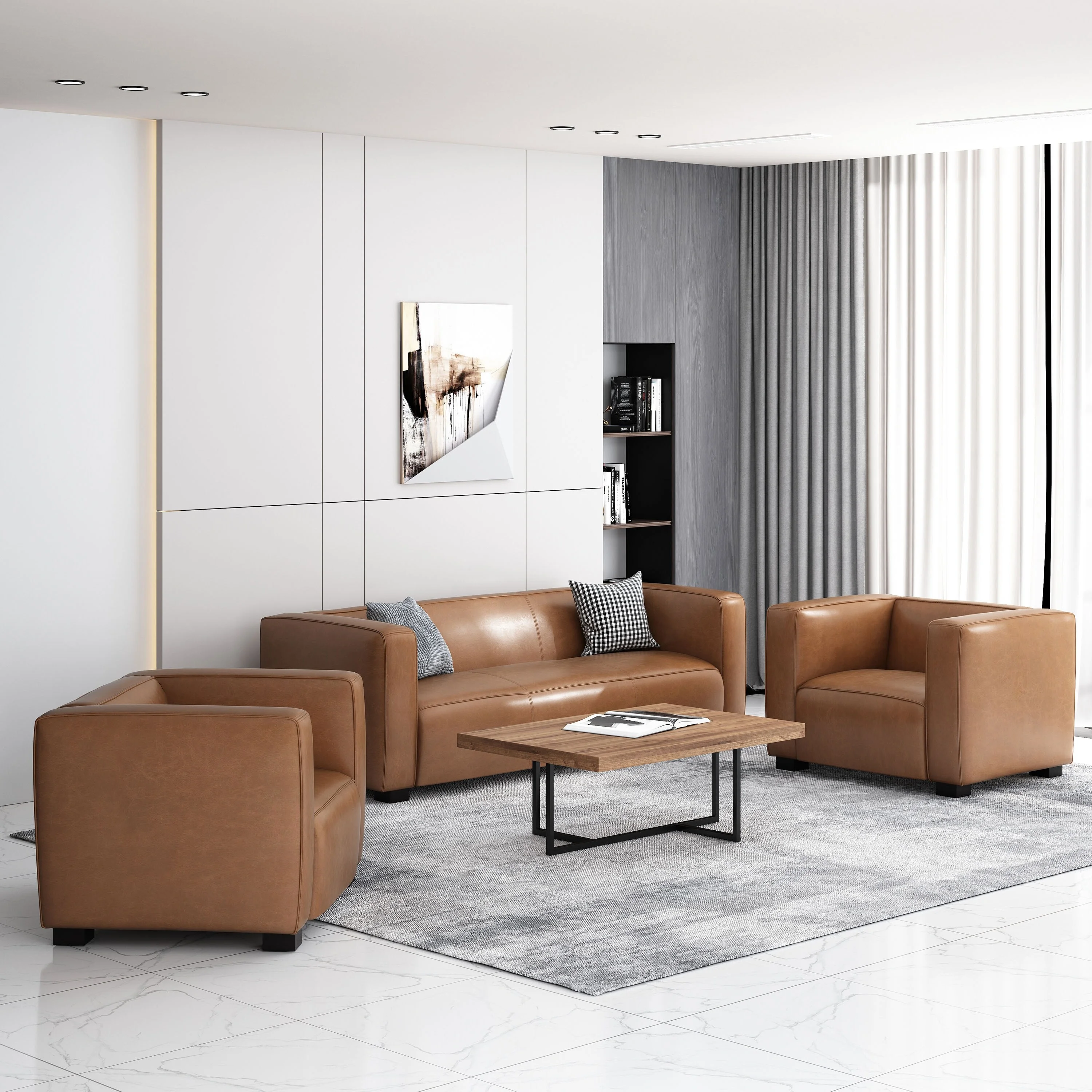 Christopher Knight Home Goyette Faux Leather 3 Piece Club Chair and Sofa Set by  Cognac Brown/ Dark Walnut