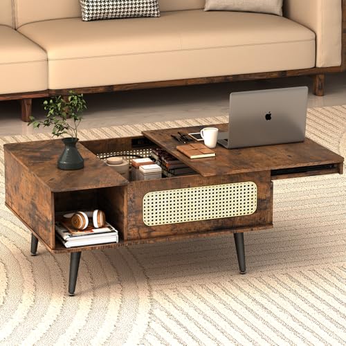 Qmetalart Rustic Brown Rattan Coffee Table with Hidden Storage, 35 x 26 Inches Boho Farmhouse Square Center Table for Living Room