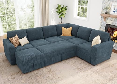 HONBAY Modular Sectional Sleeper Sofa with Pull Out Bed, Corduroy L Shaped Couch with Storage Seats, Convertible Sectional Couches for Living Room, Dark Grey