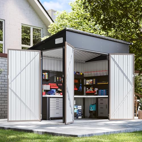 8'x4' Shed Galvanized Steel Storage Sheds with Triple Doors Weatherproof Outdoor Utility Sheds, Dual Lock Lean to Shed with Sloped Roof for Mower, Bike, Generator, Garden Tools (Black)