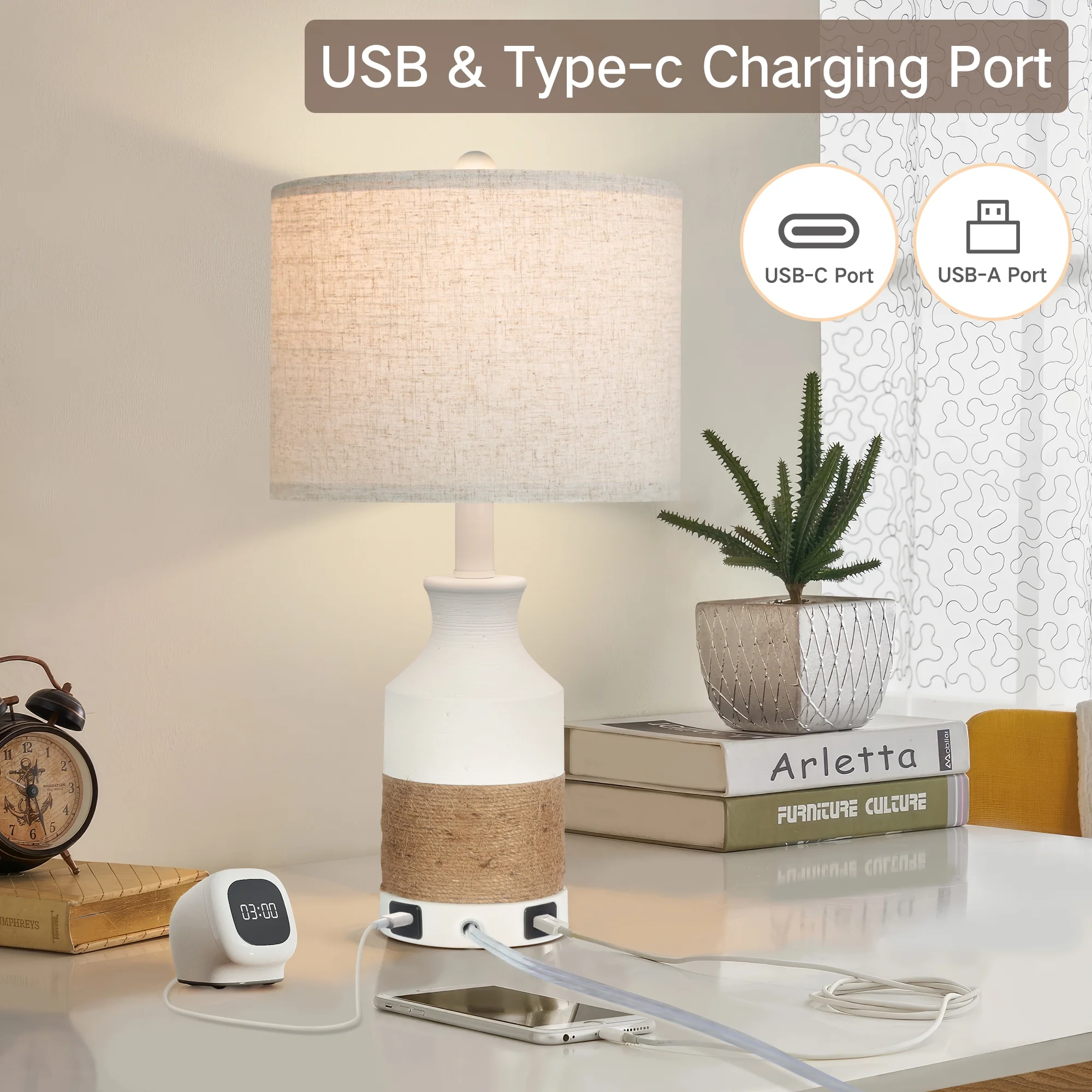 OUTON Boho Resin Lamps with Rope, 20'' Table Lamp Set of 2, Rattan Coastal Bedside Table Lamps for Bedroom Living Room, Bulb Included