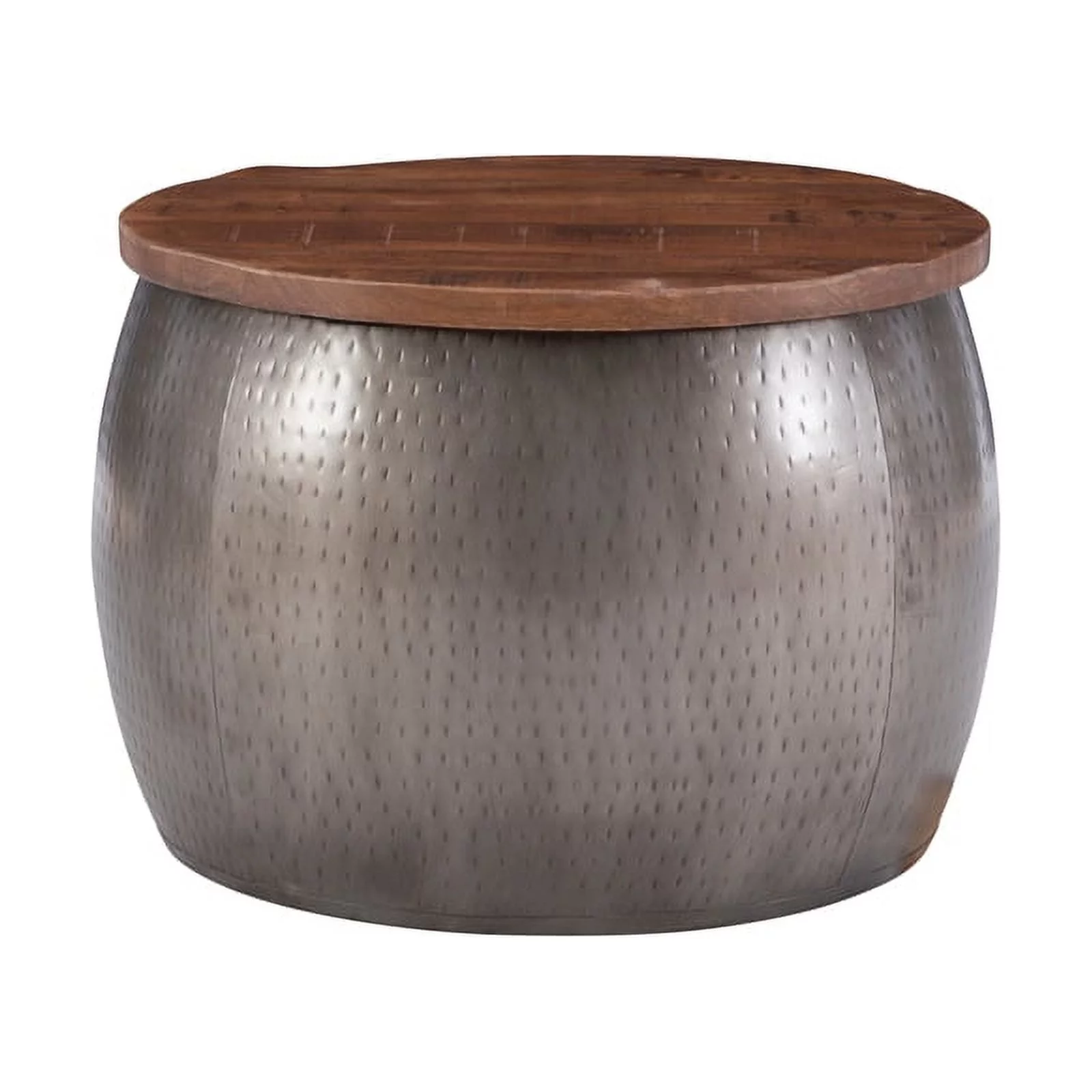 Pemberly Row Transitional Metal Drum Table with Storage in Pewter