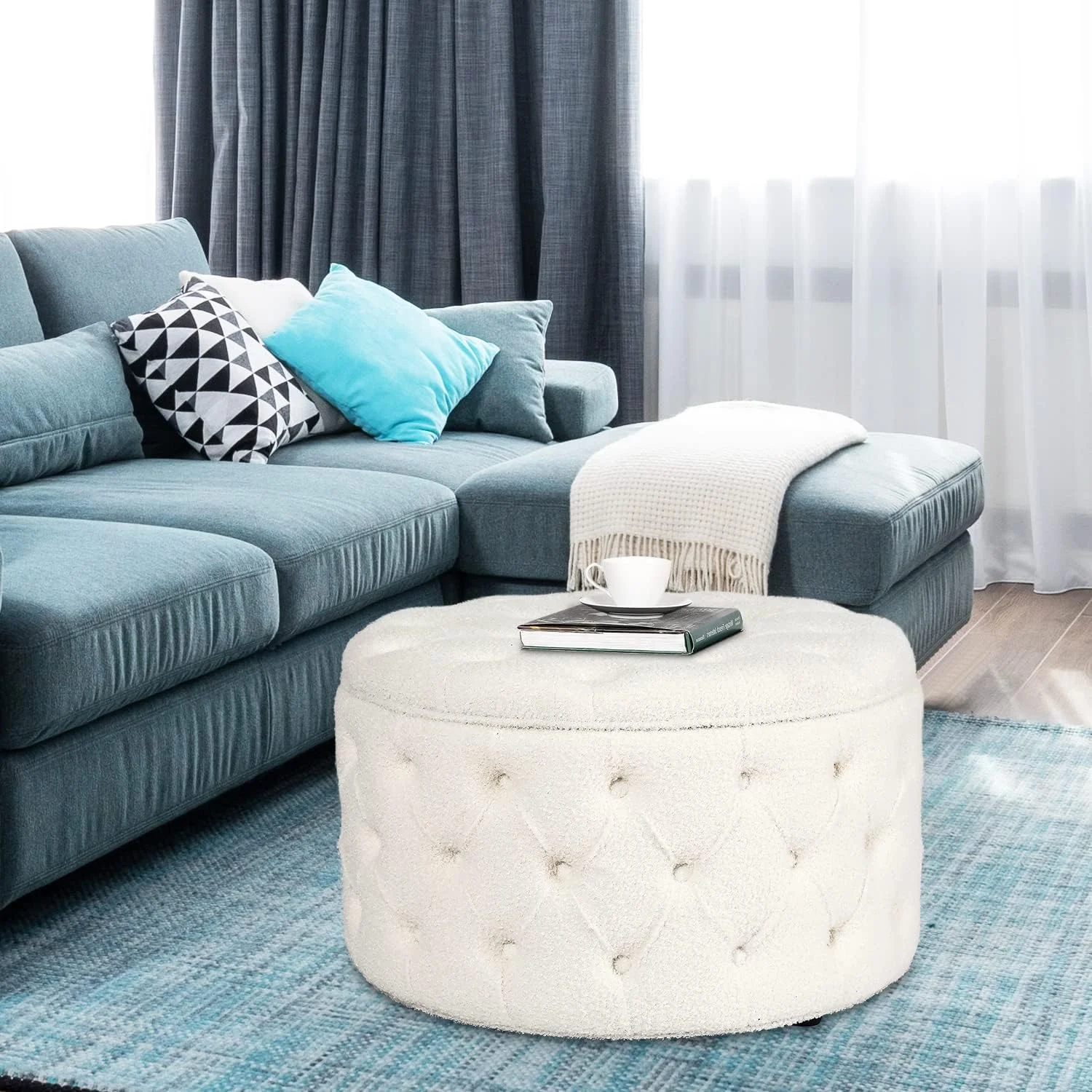 Round Storage Ottoman, Button Tufted Upholstered Ottoman With Removable Top, Storage Bench Coffee Table Footrest Stool For Living Room Bedroom Entryway (White)