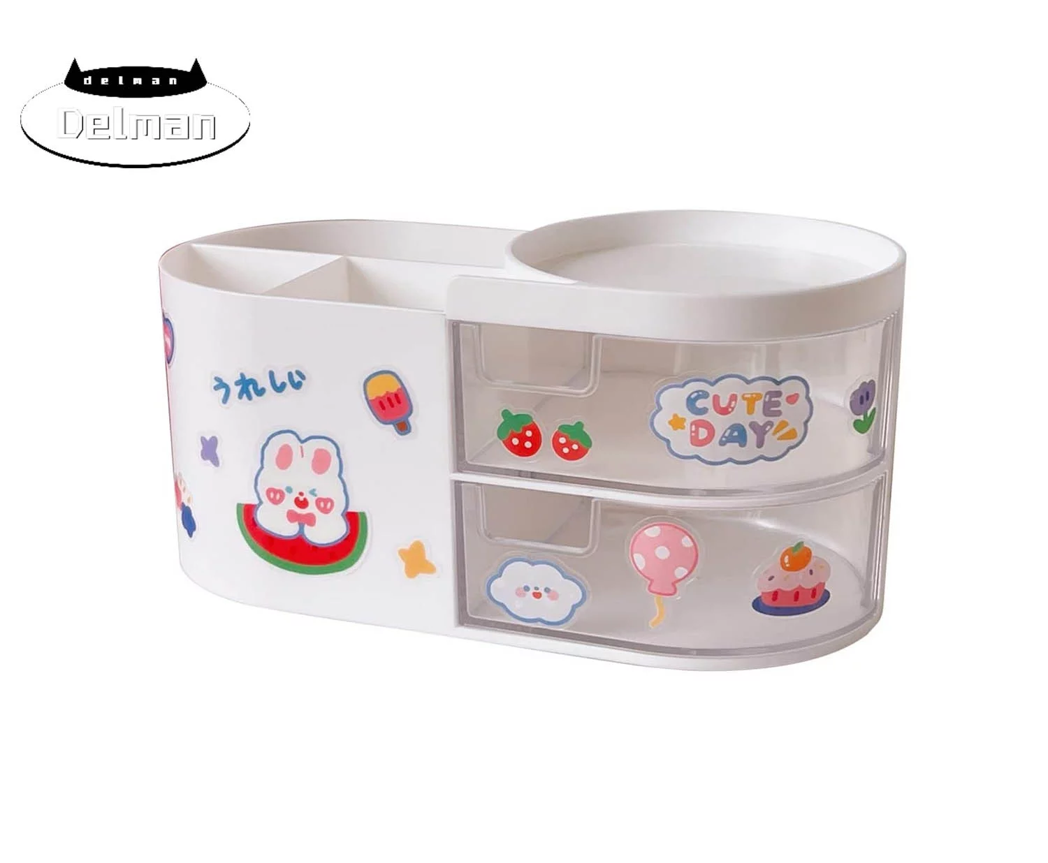 Desk Organizer Kawaii Desk Accessories with Kawaii Stickers Cute Aesthetic Pencil Makeup Storage Container Kawaii Stuff for Room Organizer School Supplies for Kids Teen Girls White