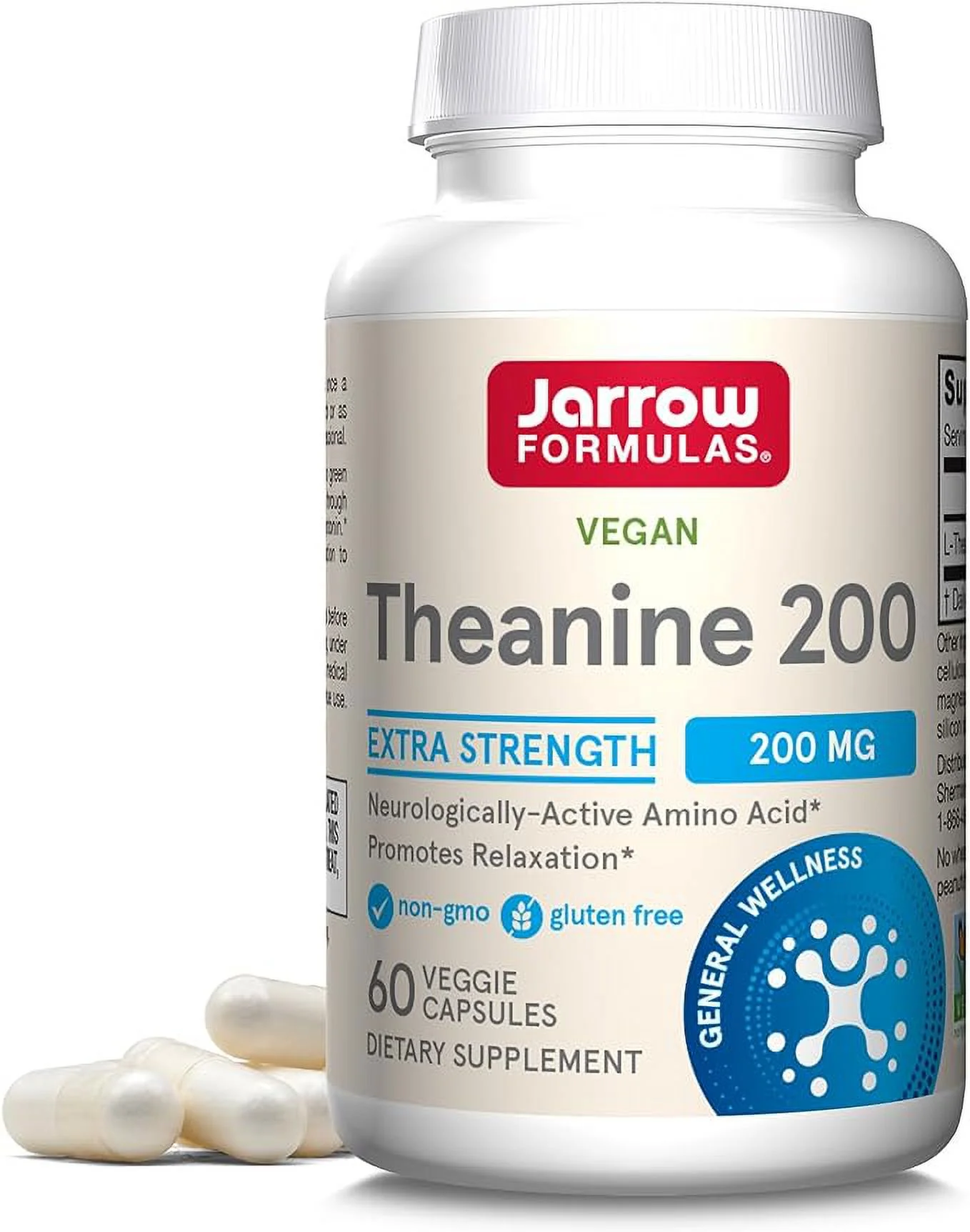 Jarrow Formulas Extra Strength Theanine 200 mg, Dietary Supplement That Promotes Relaxation, 60 Veggie Capsules, 60 Day Supply