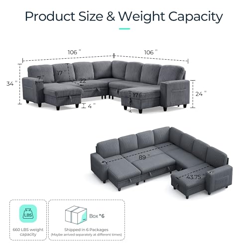 LINSY HOME Sectional Sleeper Sofa with Pull Out Couch Bed Convertible Plush Corduroy Cloud Couch with Storage Chaise & USB Charging, Comfy L Shaped Modular Couches for Living Room Apartment (Grey)