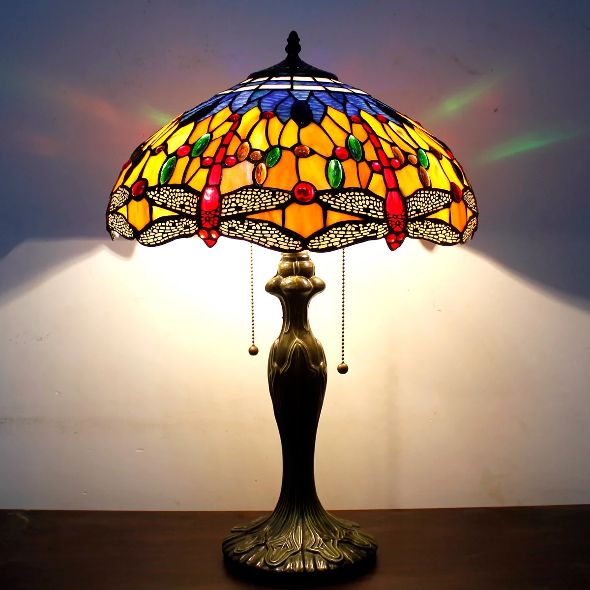 Tiffany Style Table Lamp W16H24 Inch Orange Blue Stained Glass Crystal Bead Dragonfly Shade S168 LAMPS Kids Living Room Bedroom Coffee Bar Desk Bedside Reading Light Antique Art Crafts Gift