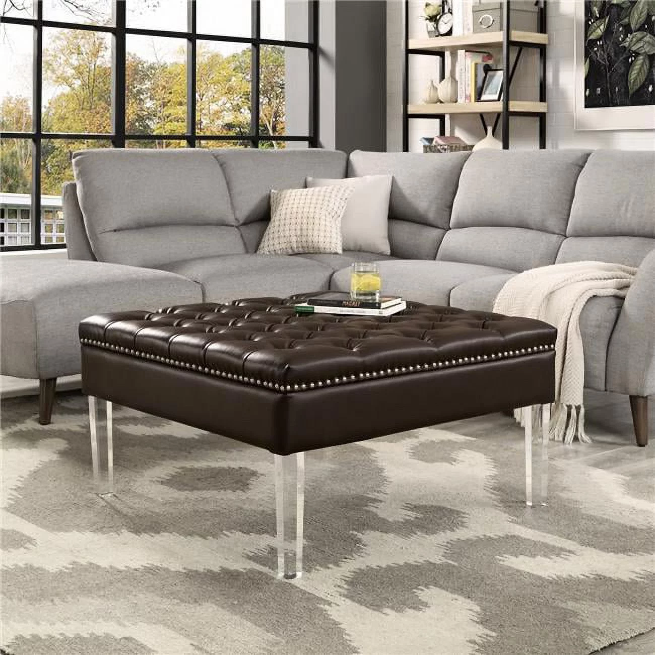 Posh Luke Tufted Faux Leather Oversized Ottoman with Acrylic Legs in Espresso