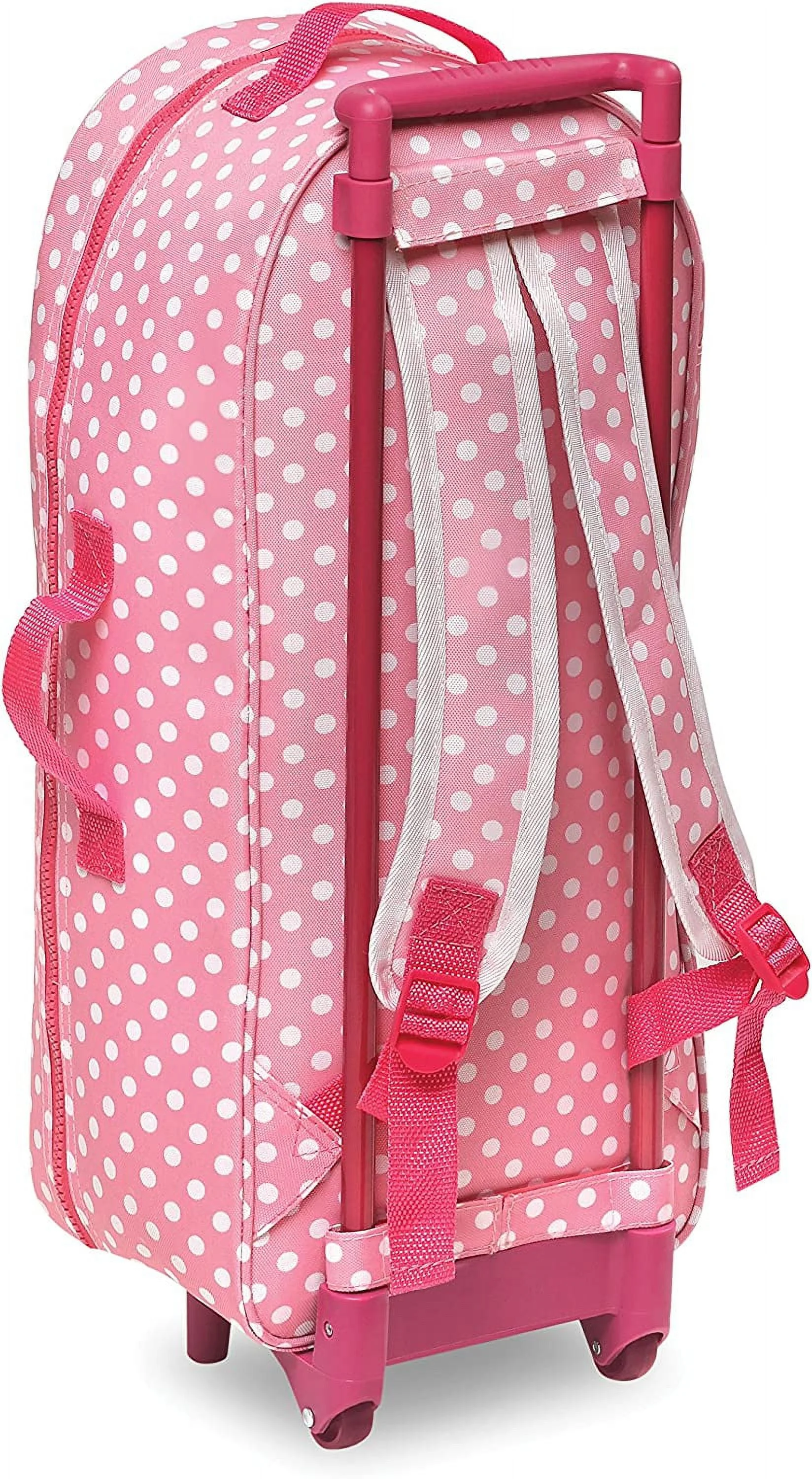 Badger Basket 3-in-1 Trolley Doll Carrier with Rocking Bed and Bedding - Pink/Polka Dot-Material:100% Polyester Fabric