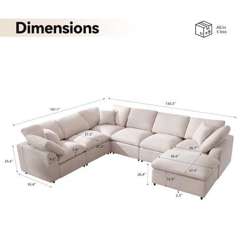 Cloud Couch Modular Sectional Sofa Modern Oversized Couches with Ottoman 7 Seater L-Shaped Sofas Comfy Couches for Living Room Spacious Space Apartment Lounge, Cream