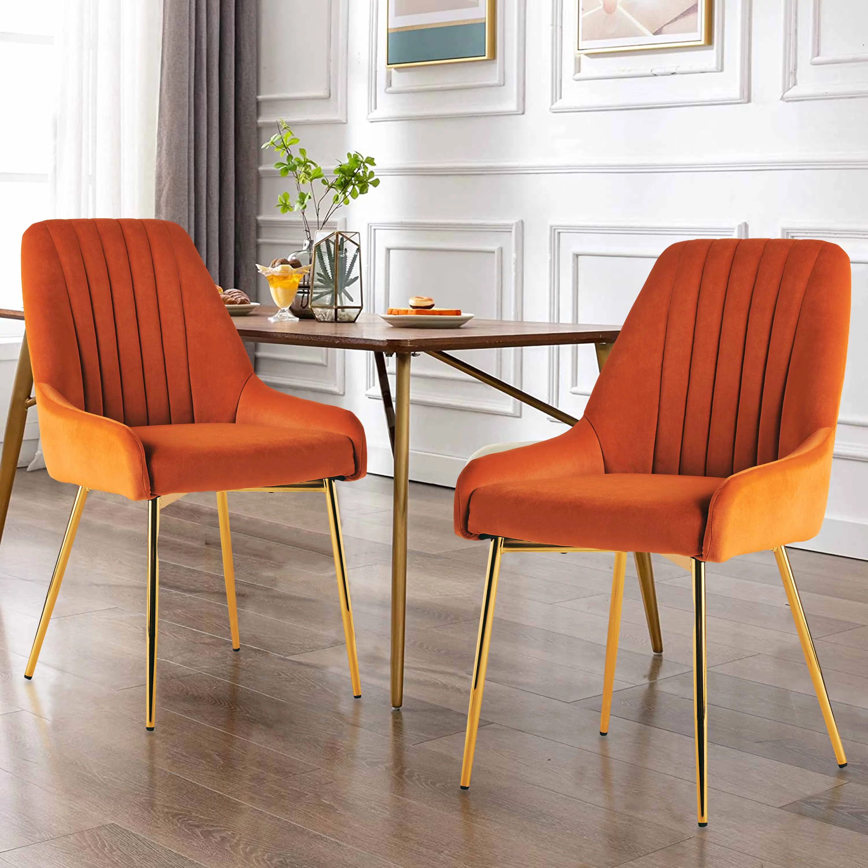 MOJAY Velvet Dining Chairs with Golden Legs, Set of 2, Orange