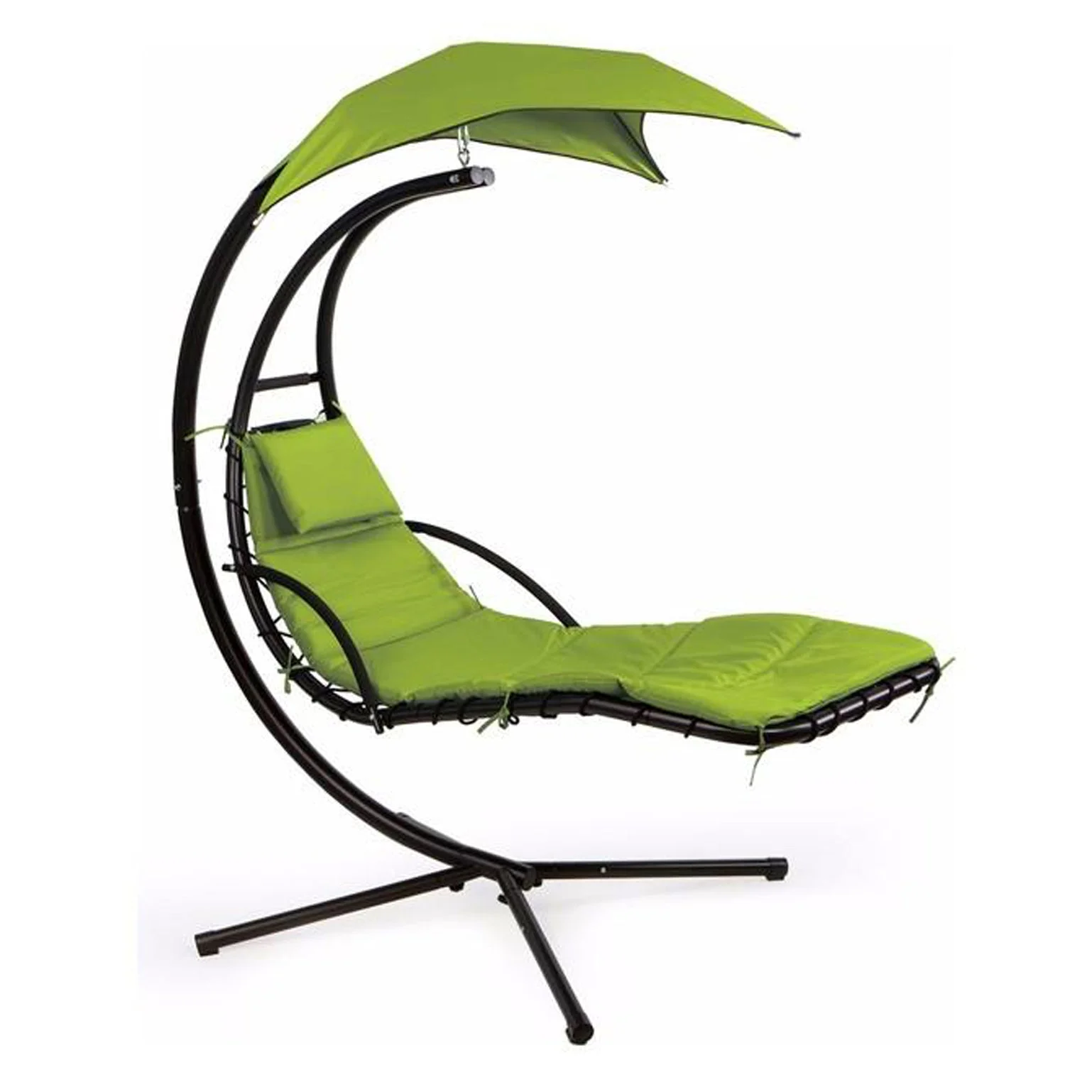Amazingforless Green Hanging Curved Chaise Lounge Hammock Chair Swing Lounger with Cushion for Backyard, Patio w/ Pillow, Canopy, Steel Stand
