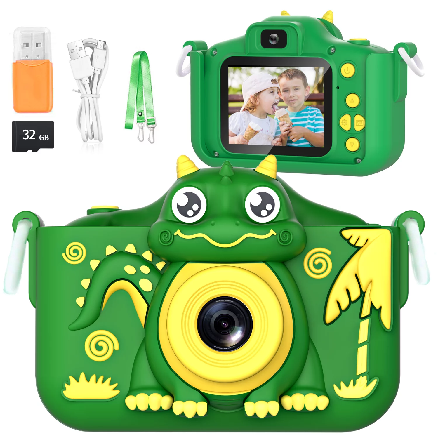 MOPO Kid Camera Dinosaur 3 8 Years for Boy Digital Camera Toy for Children Camera for Toddler Dual 2.0inch 32GB Card Green*1