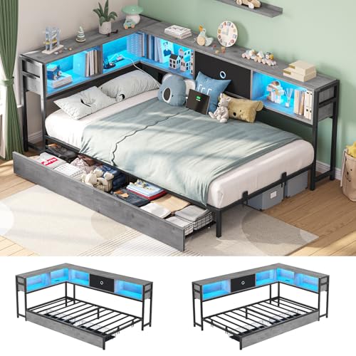 Hasuit Corner Bed Frame with Storage Bookcase, Twin Daybed with Storage Drawers Underneath, Kids Bed Unit with Charging Station and LED Light, Black & Gray Modern Bed Frame Twin Size