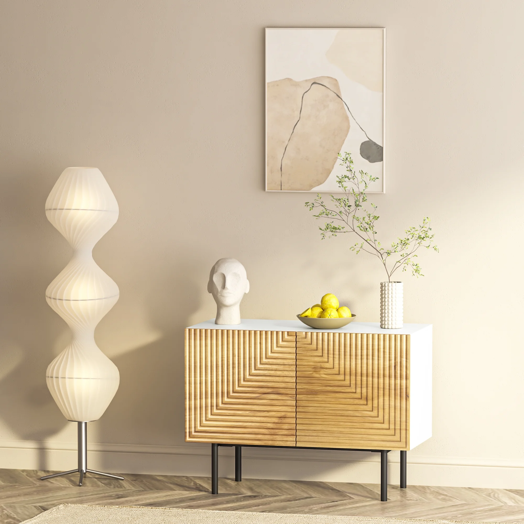 Roomfitters Mid Century Sideboard Buffet Cabinet, Boho Accent Cabinet with Doors, Poplar Wood Print Carved and Geometric Design, Storage Cabinet for Living Room, Office, Bedroom, Entryway