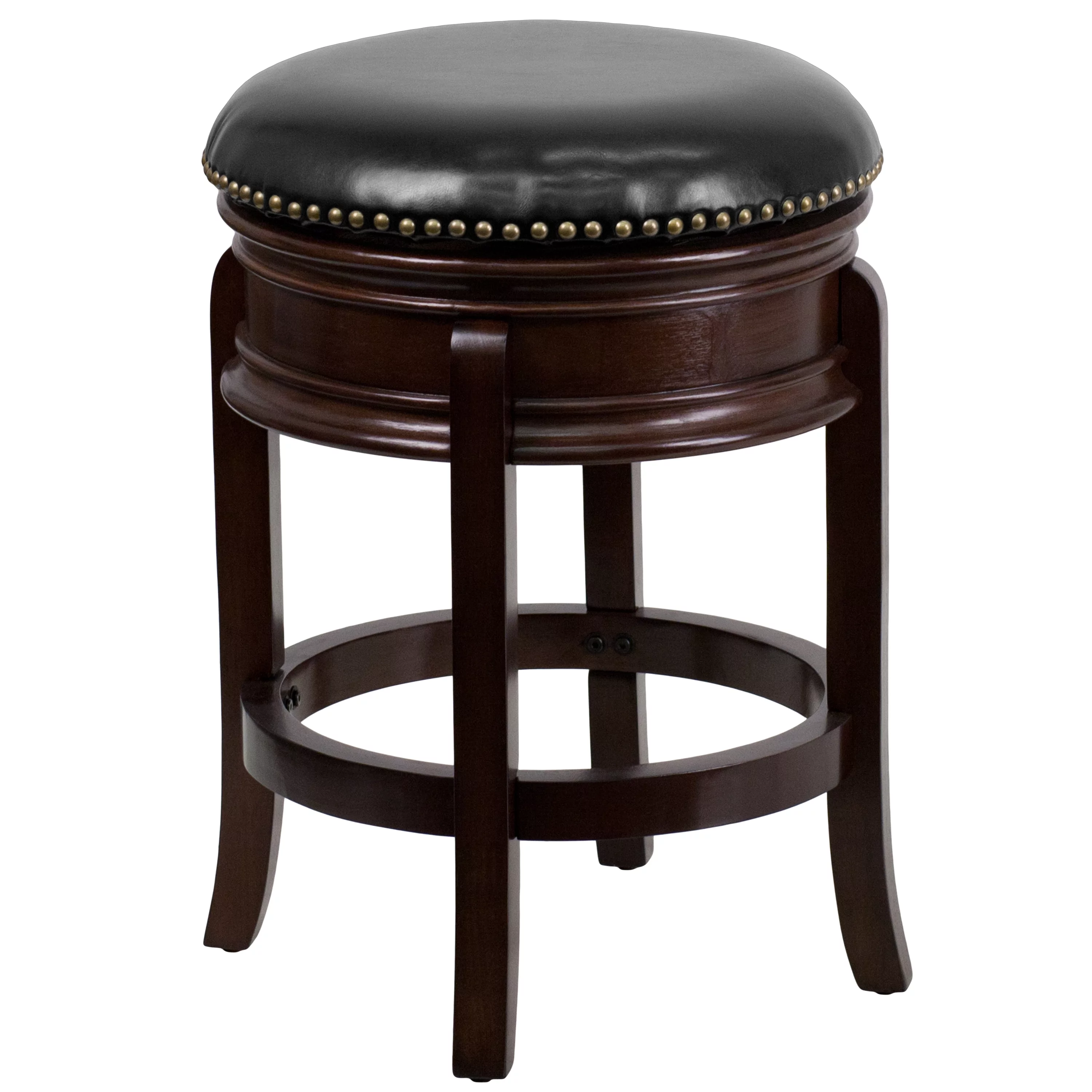 Flash Furniture Carol 24'' High Backless Cappuccino Wood Counter Height Stool with Carved Apron and Black LeatherSoft Swivel Seat