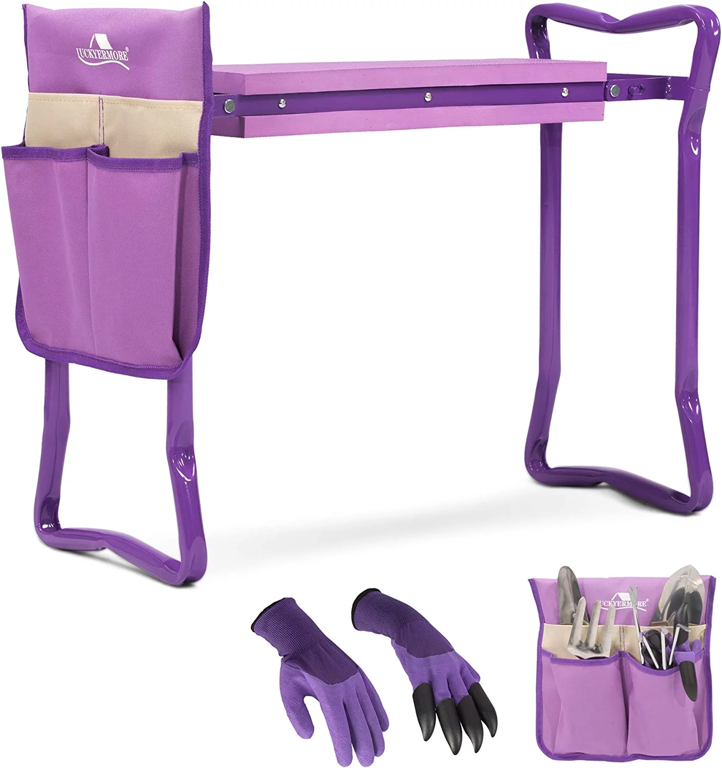 Garden Kneeler and Seat Stool Garden Folding Bench with Tool Pocket,Garden Gloves and Soft EVA Kneeling Pad for Gardening Lovers,Purple
