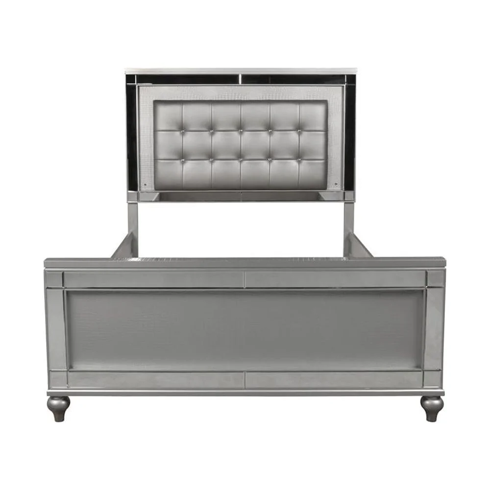 New Classic Furniture Valentine Solid Wood King Size Lighted Bed in Silver