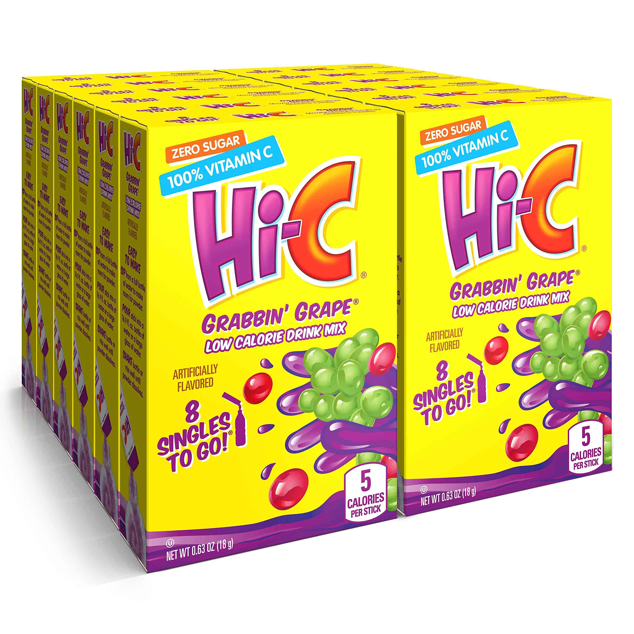 Hi-C Singles To Go Grabbin, Grape, Â€“Zero Sugar Powdered Drink Mix, Excellent Source Of Vitamin C, 8 Count (Pack Of 12)