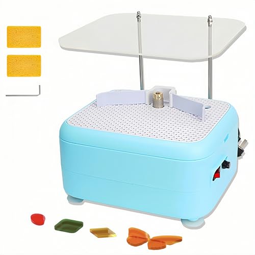 60W Stained Glass Grinder, Mini Glass Grinder Tool with Upgraded Large Workbench, Glass Art Grinding Machine with Protective Baffle & 1” Grinder Bit for Beginners (Blue)
