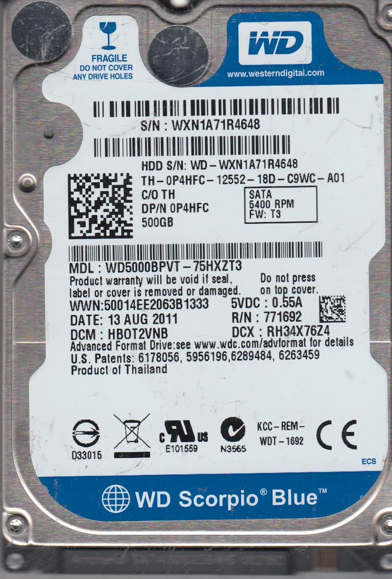 WD5000BPVT-75HXZT3, DCM HBOT2VNB, Western Digital 500GB SATA 2.5 Hard Drive