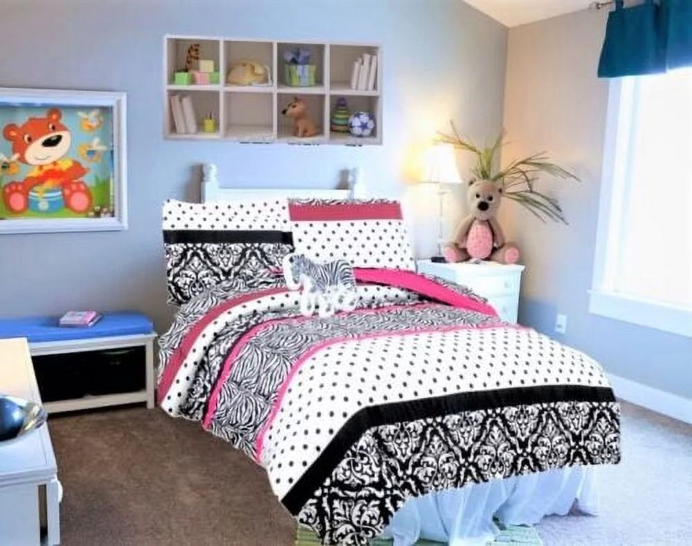 6-PC Twin Zebra pink complete bed in bag comforter bedding set with furry friend and matching sheet set for kids boys girls super soft easy wash kids bedding décor