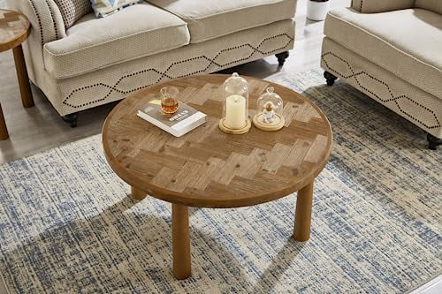 KHBIULIFE Living Room Central Round Table  Farmhouse Round Coffee Table  Round Wooden Rustic Natural Table with Thick Cylindrical Legs (Classic  35.43 X 35.43 X 18.31 in)