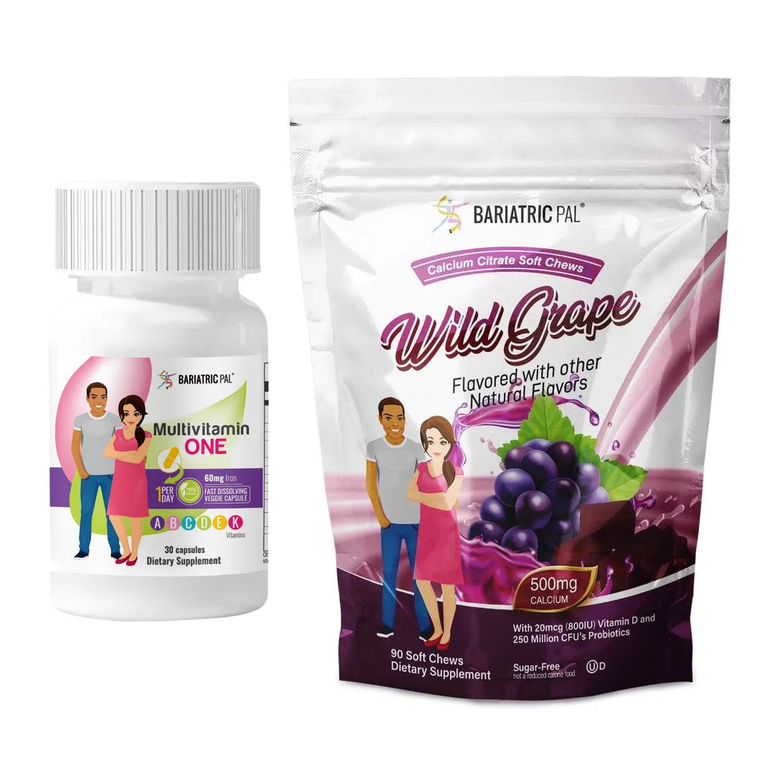 Gastric Sleeve Complete Vitamin Pack - Capsules Size: 1-Month Supply, BariatricPal Multivitamin ONE: Capsule with 60mg Iron, BariatricPal Calcium Citrate Soft Chews: Wild Grape