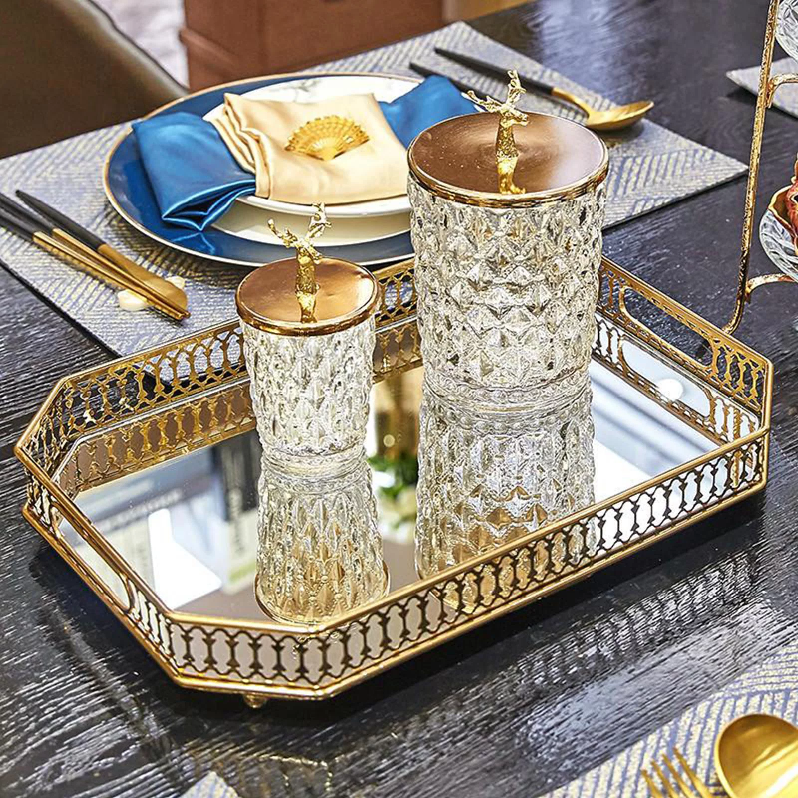 Mirror Tray Decorative Tray Perfume Tray Makeup Tray Jewelry Tray Gold Mirrored Tray for Crystal Beaded Vanity, Dresser, Bathroom, Bedroom,Living Room , Rectangle