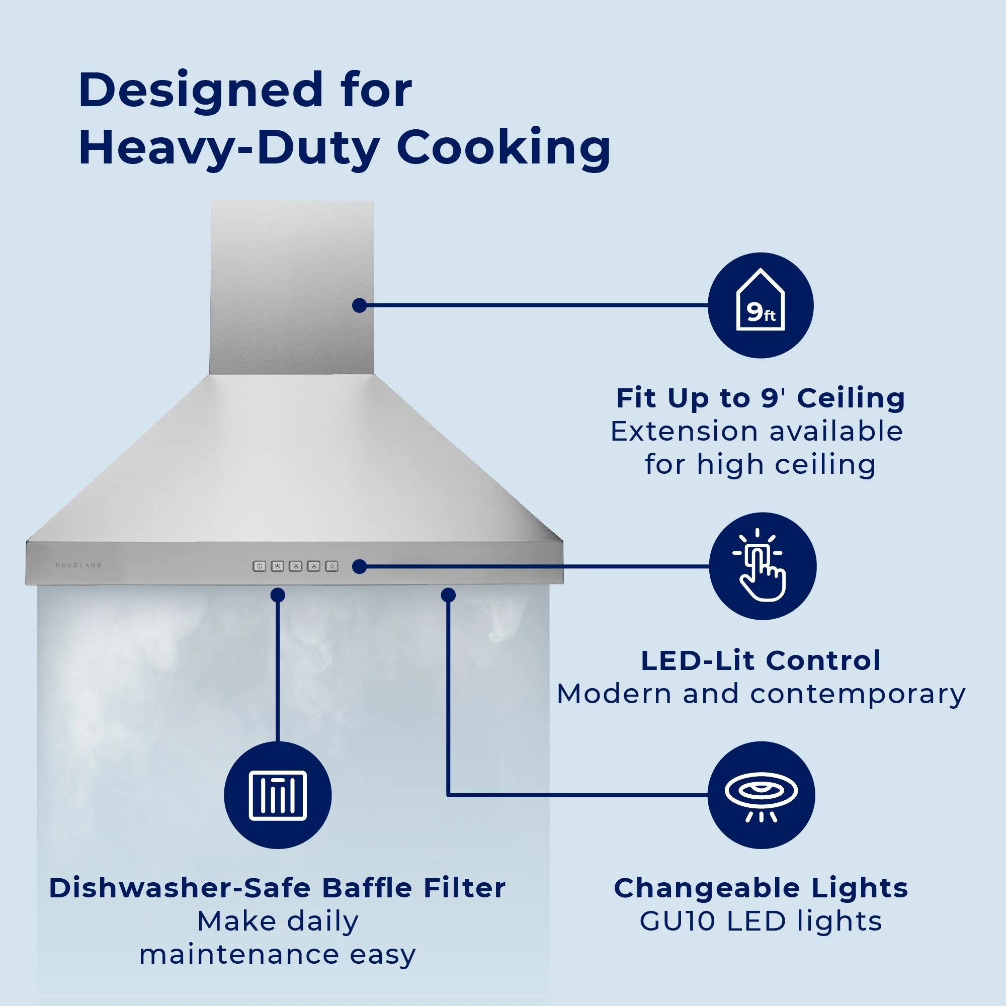 Hauslane | Chef Series WM-530 30” Wall Mount Range hood | Pro Model | Matte Black Wall Chimney | Strong Suction, Stainless Steel Baffle Filters, LED Lamps, 6” Duct or Ductless