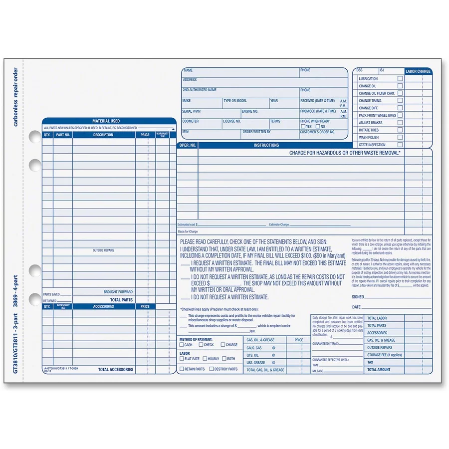 Auto Repair Four-Part Carbonless, Four-Part Carbonless, 8.5 X 11, 50 Forms | Bundle of 5 Packs