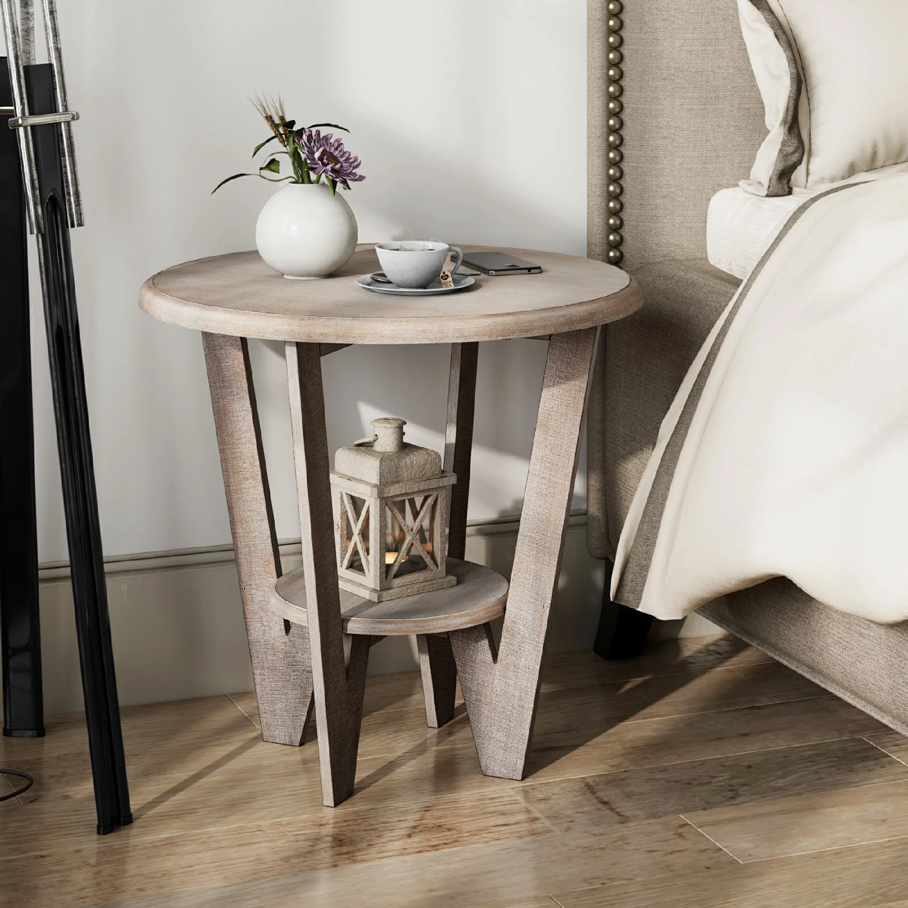 COZAYH Rustic Farmhouse End Table with Storage Shelf, French Country Accent Side Table for Family, Dinning or Living Room, Small Spaces, Modern, Round, Vintage Grey Finish