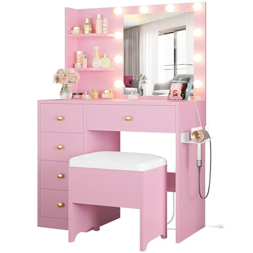 IRONCK Vanity Desk with Mirror and Lights, Small Makeup Vanity Table with 5 Drawers, Power Outlet, and Vanity Stool, 3 Lighting Colors, Dressing Table for Women Girls Bedroom, White