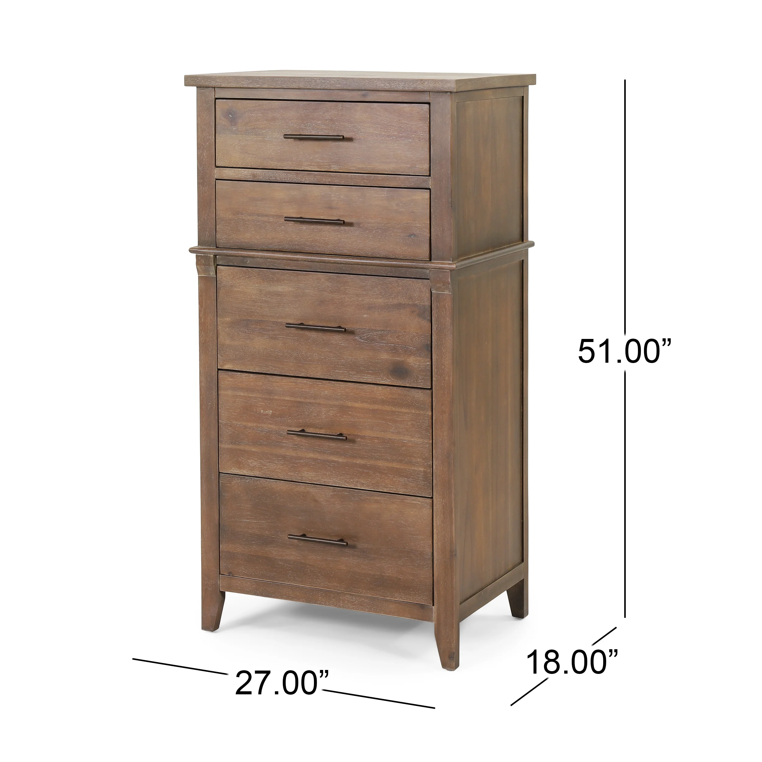 GDF Studio OkiOki Coastal Acacia Wood 5 Drawer Dresser, Light Brown Glaze