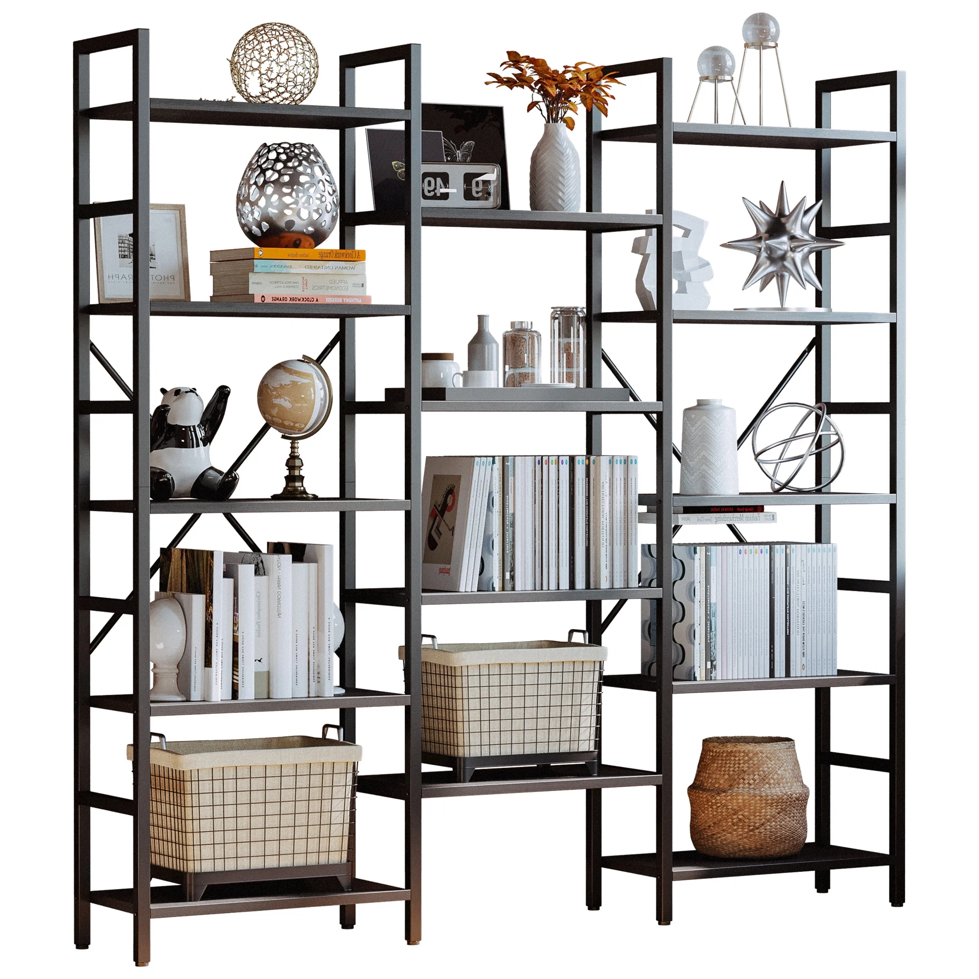 IRONCK Triple Wide 5 Tiers Industrial Bookcases and Bookshelves, Large Open Display Shelf with Wood and Metal Frame, Vintage Black