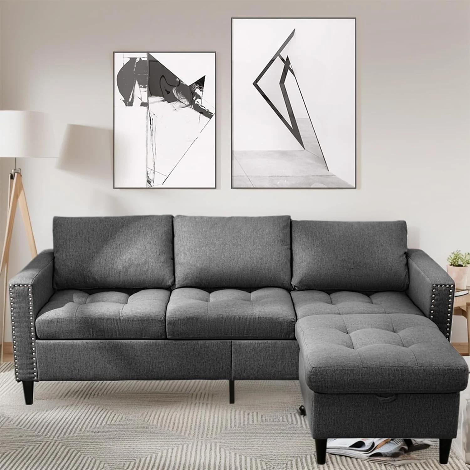 MUZZ Reversible Modular Sectional Sofa Couch Set, L Shaped 3-Seater Sleeper Sofa Bed with Movable Storage Ottoman Chaise for Living Room/Apartment/Office(Dark Grey)