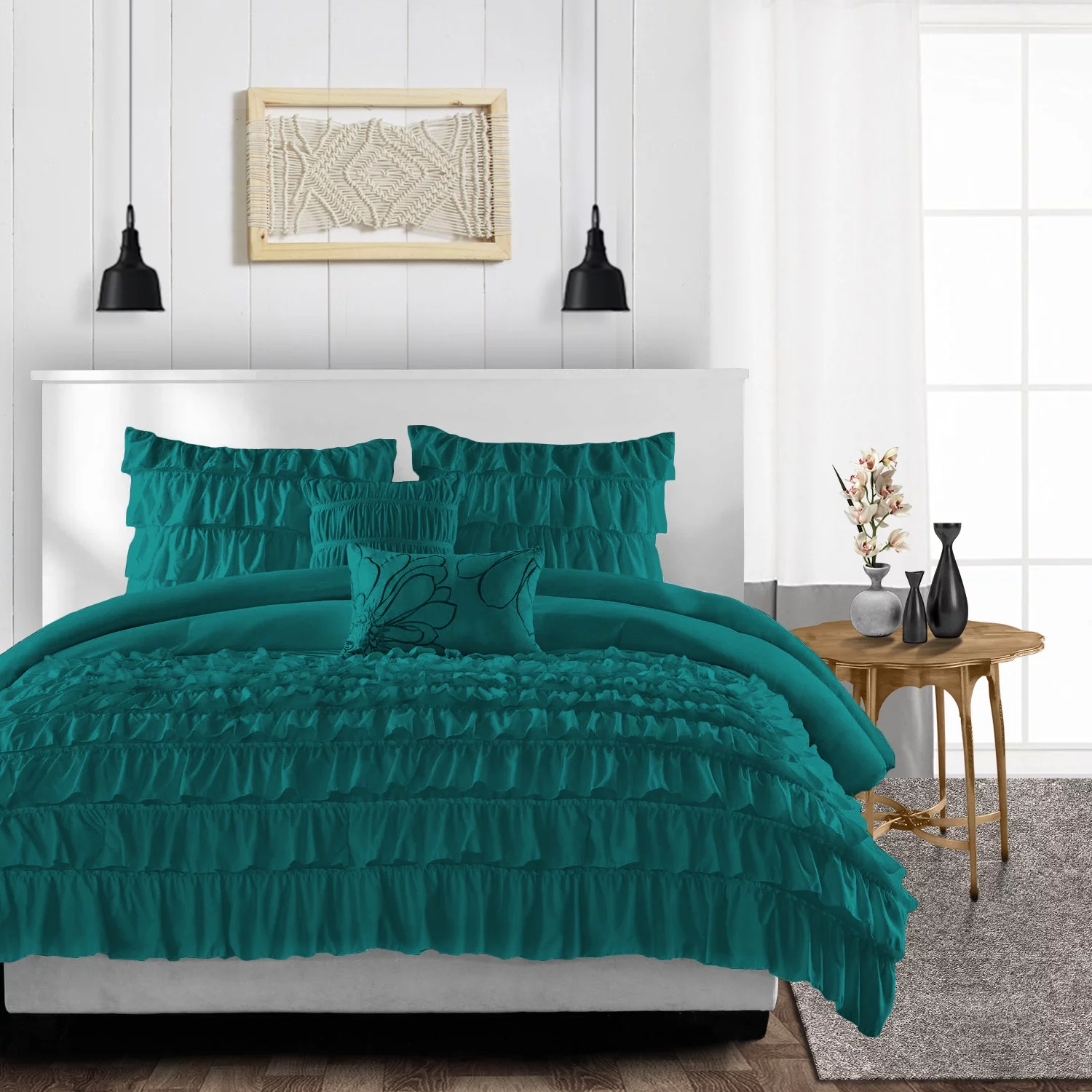 Super King Comforter Multi Ruffle Teal Luxurious Microfiber Fill Comforter, Pillowcases & Premium Piping
